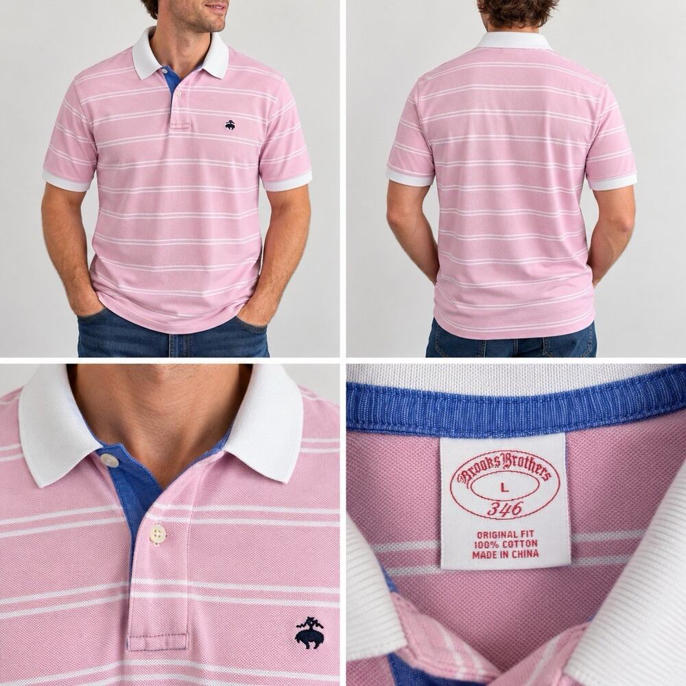 Brooks Brothers 346 Men’s L Pink White Stripe Polo Shirt Original Fit Cotton
